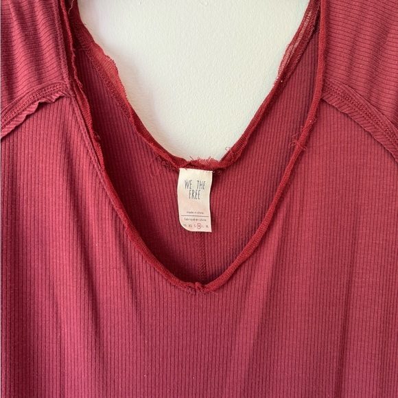 We The Free Peplum V Neck Ribbed Top Maroon Long Sleeve Raw Edges Detail - Picture 6 of 13